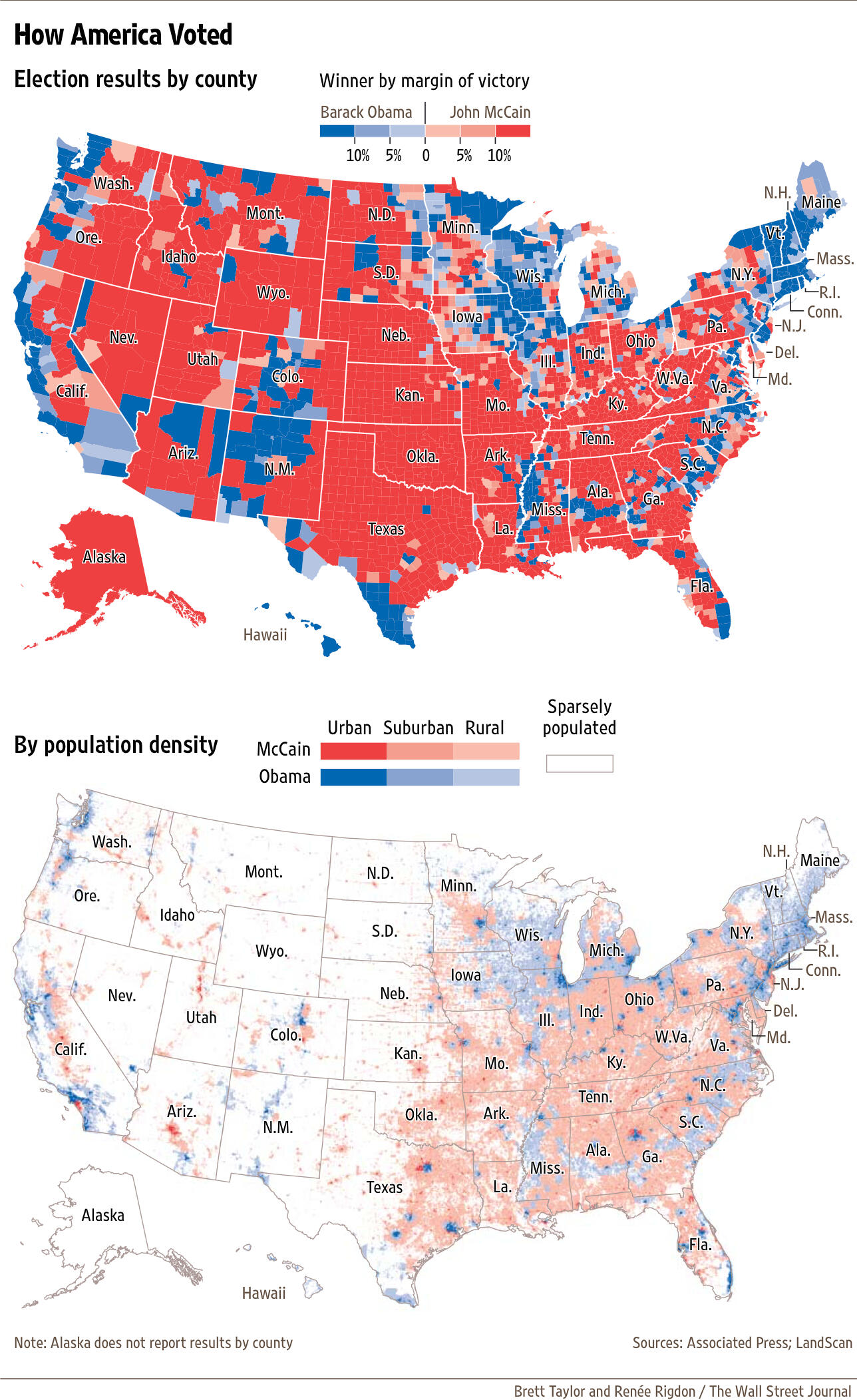 County-level choropleth with population-density overlay to emphasize inhabited areas and spatial voting patterns.