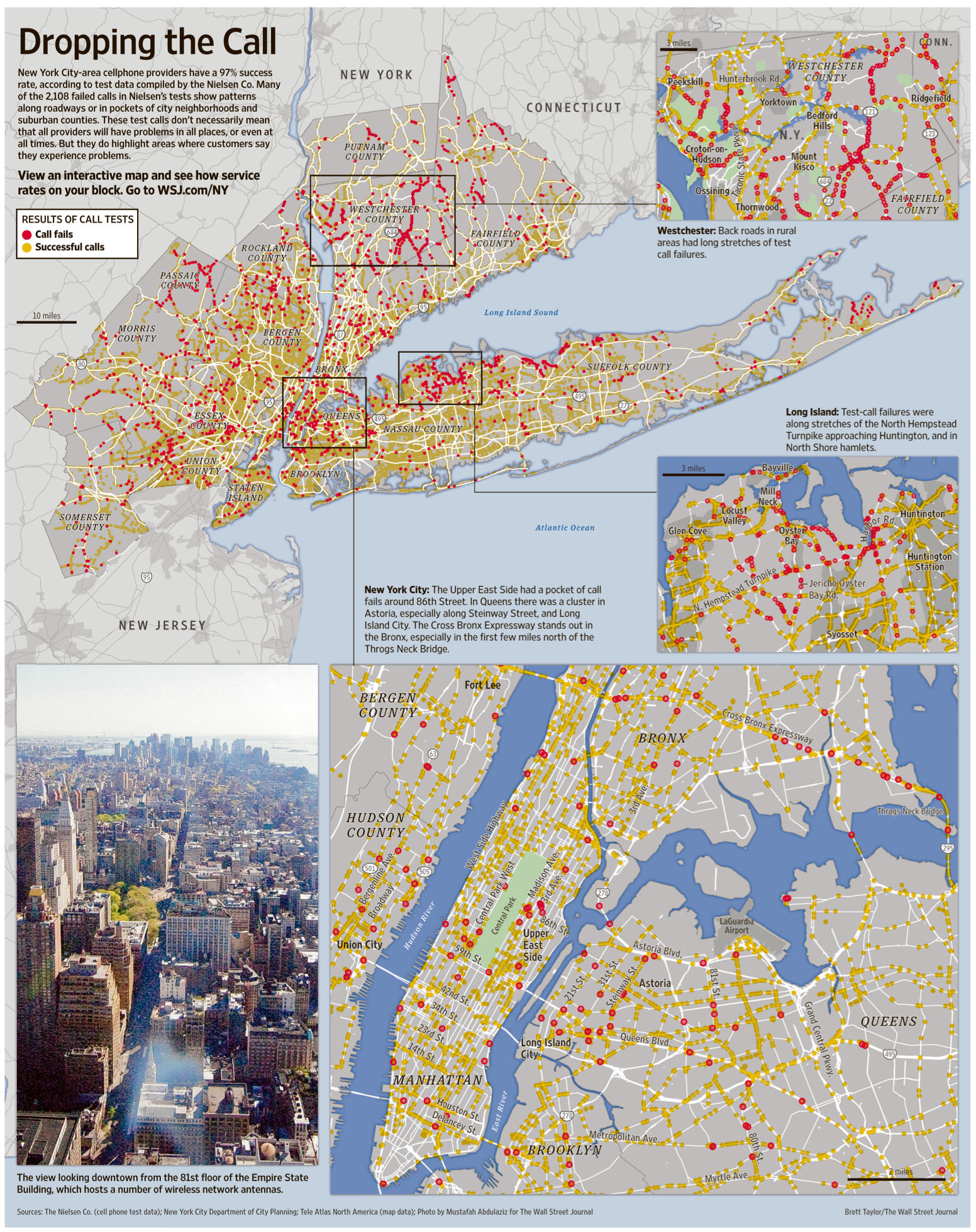 High-density dot map visualizing GPS-logged signal loss across New York City, Westchester, and Long Island.